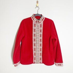 Vintage L.L. Bean red fair isle full zipper mock collar long sleeve cardigan‎